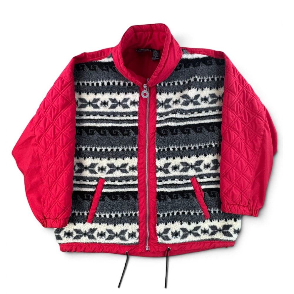 Vintage Mureli‎ Red Quilted Fair Isle Fleece Mixed Media Jacket L Womens *FLAW?